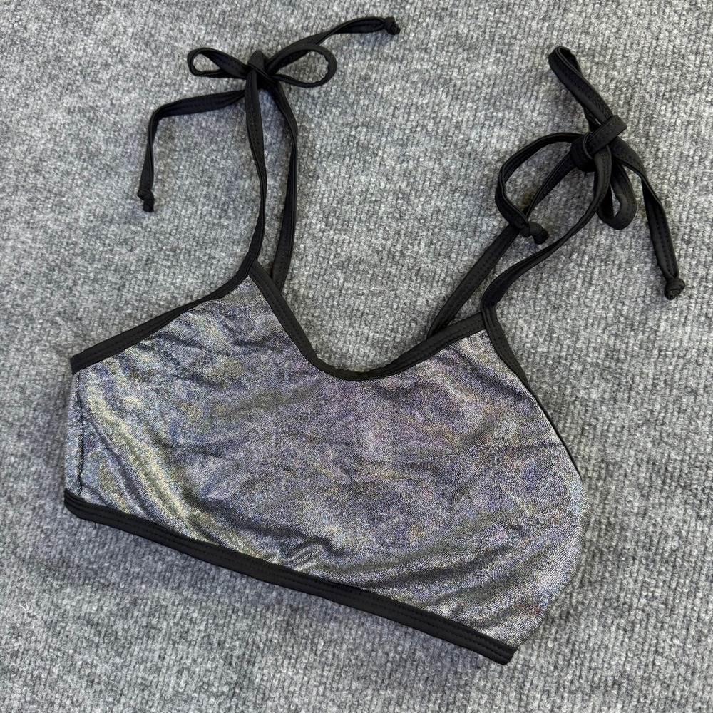 Rolita Couture Silver Holographic Rave Top Tie Strap Bralette XS Handmade USA - Picture 2 of 6
